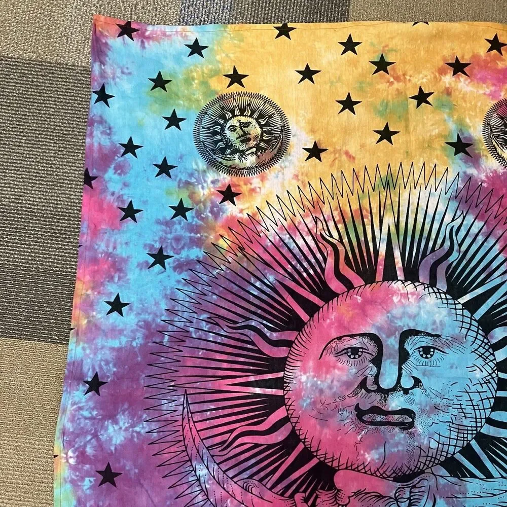 Psychedelic Sun Moon Stars Tie Dye Mandala Tapestry Hippie Hippy Celestial Wall